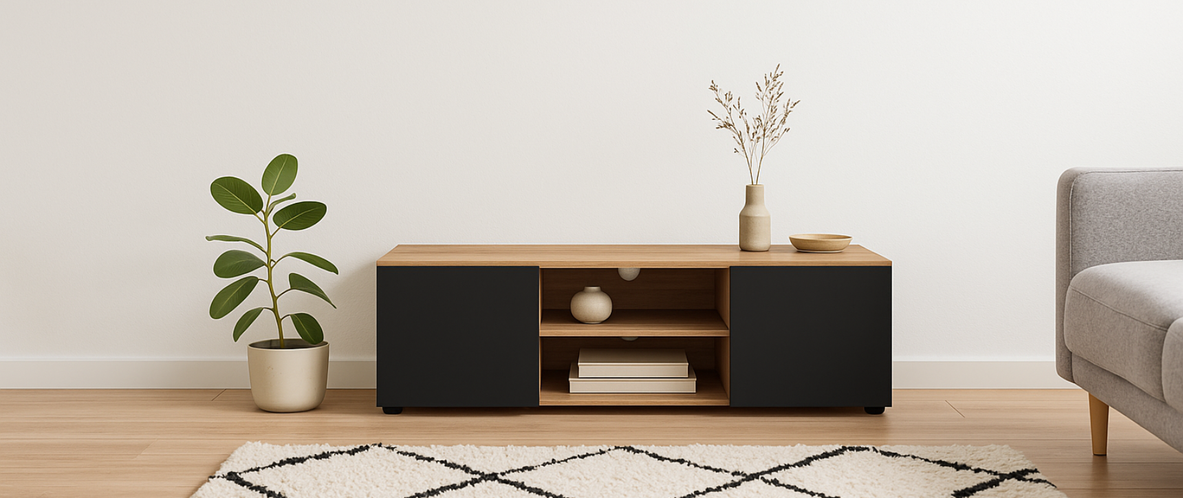 Mobile TV 113 cm ELI in legno effetto faggio con ante nere