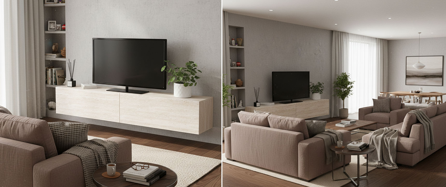 Mobile TV sospeso ELIO 180 cm con 2 ante in legno effetto travertino