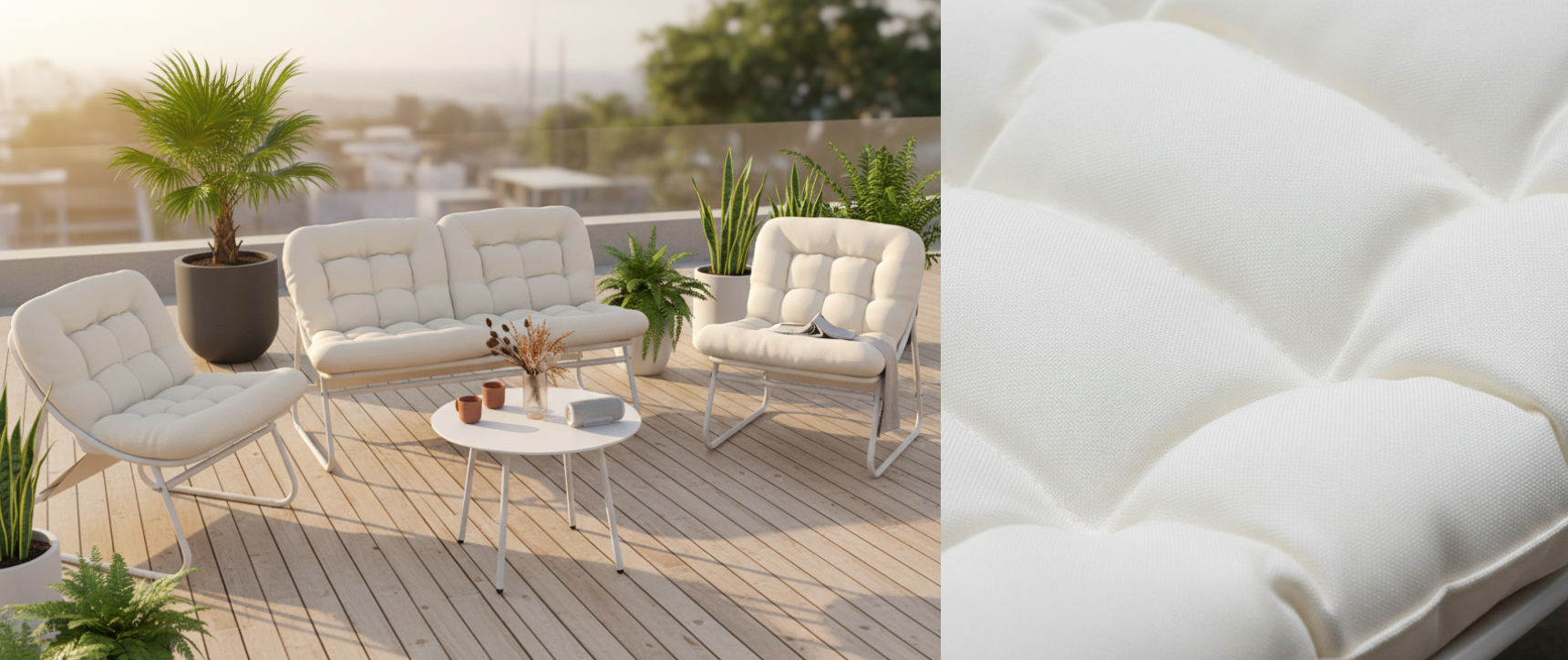 Set di mobili da giardino basso ARONA a 4 posti in metallo bianco e cuscini beige con divano, poltrone e tavolo