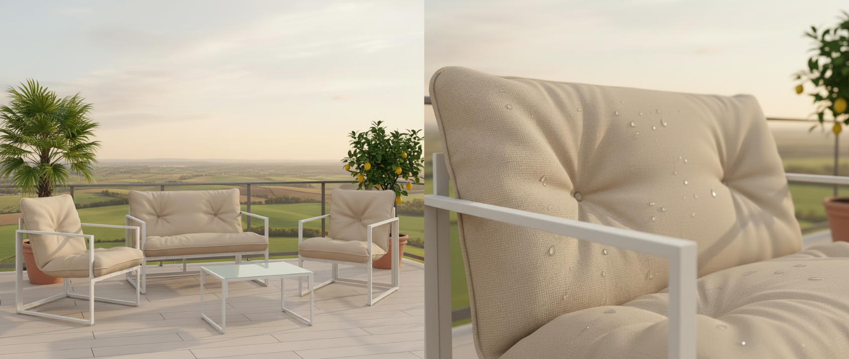 NAIROBI Set di mobili da giardino bassi a 4 posti in acciaio bianco con cuscini beige